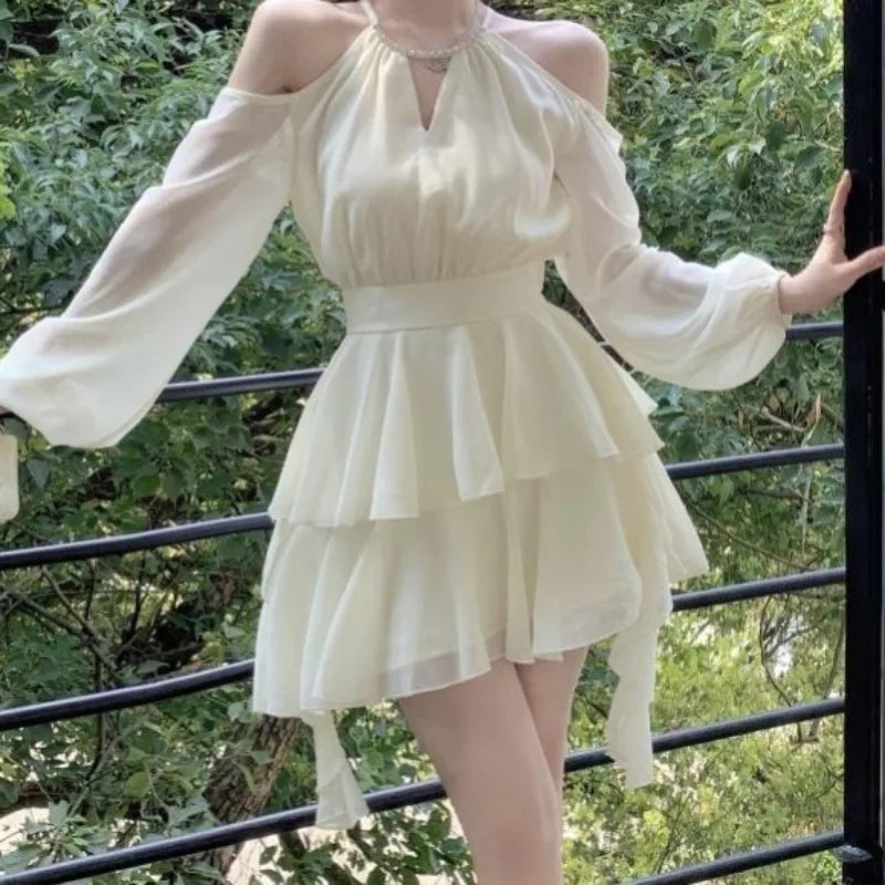 Dresses Women Hollow Out Design Chic Defined Waist Off-shoulder Ruffles Popular Long Sleeve Vestidos Gentle Sweet Spring Summer