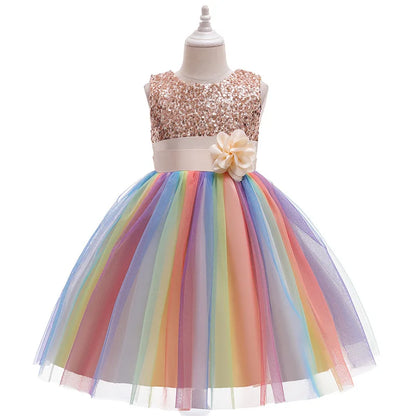 3-12T Sequins Girls  Perform Prom Dress Rainbow Little Princess Piano Banquet Formal Gala Clothes Wedding Sequins Evening Dress