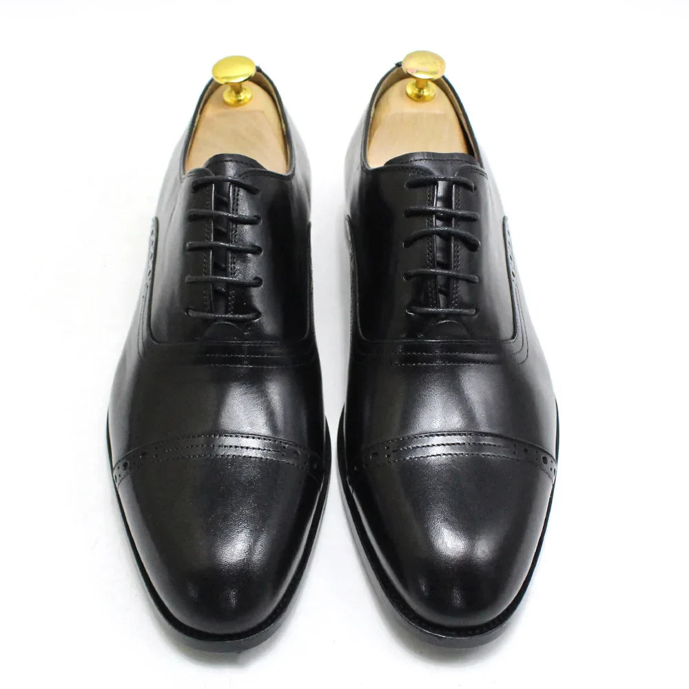 Men's Genuine Leather Oxfords Handmade Cap Toe Dress Shoes Lace-Up Formal Wedding Shoes Business Office Male Footwear