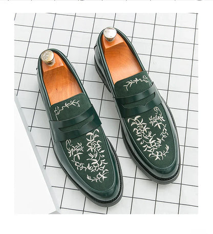 Green Embroidered Man Formal Shoes Autumn Men's Loafers Shoes High Quality Casual Leather Shoes for Men chaussure hommes cuir