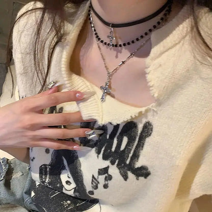 Gothic Punk Y2K Metal Cross Pendant Necklace For Women Men Lovers Vintage Multi Layer Bead Necklaces 90s EMO Charm Jewelry Gift