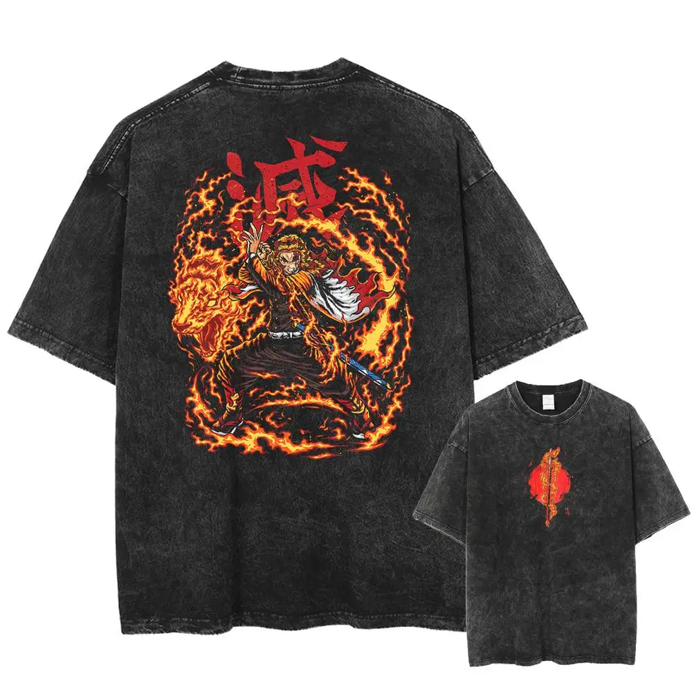 2025 Summer Men's Washes T-shirts Japanese Anime Demon Slayer Kyoujurou Graphic Clothing Harajuku Y2K Oversized Pure Cotton Tops