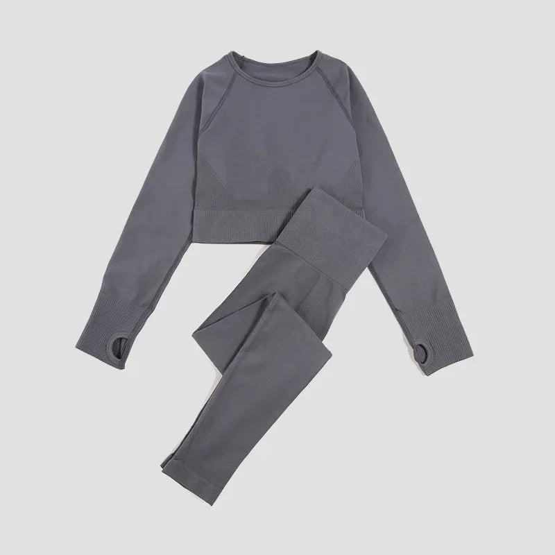 2/3Pcs Women Seamless Fitness Yoga Suit Workout Long Sleeve Crop Top Shirt Sports Bra High Waist Running Leggings Gym Clothing