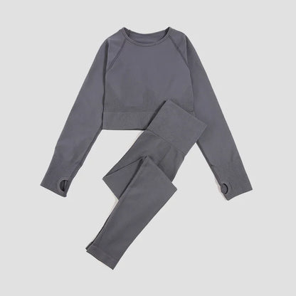 2/3Pcs Women Seamless Fitness Yoga Suit Workout Long Sleeve Crop Top Shirt Sports Bra High Waist Running Leggings Gym Clothing