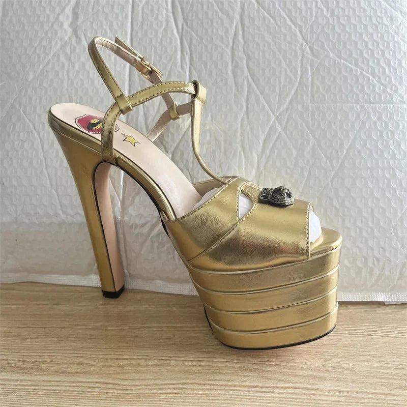 2026 Women's Round Head Sandals Thin Heels 5cm Thick Bottom Slope Heel Fish Mouth Rivet Sandal T-Platform Sandals Size34-43