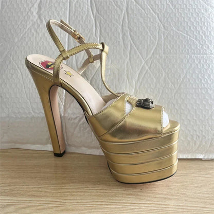 2026 Women's Round Head Sandals Thin Heels 5cm Thick Bottom Slope Heel Fish Mouth Rivet Sandal T-Platform Sandals Size34-43