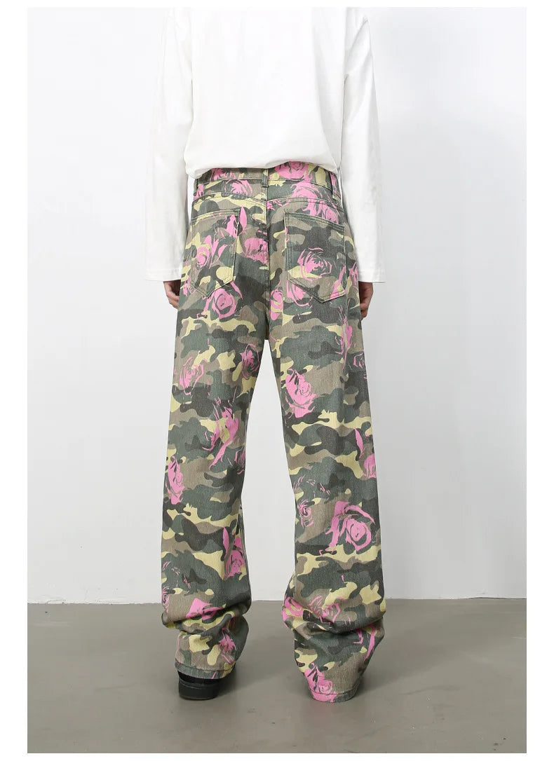 Tide Camouflage Jeans Men's Ins Loose Straight Wide Leg Casual Denim Pants Loose Male Trousers 12C2036