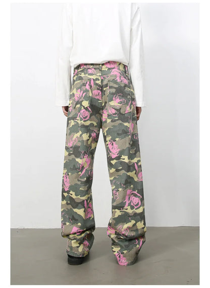 Tide Camouflage Jeans Men's Ins Loose Straight Wide Leg Casual Denim Pants Loose Male Trousers 12C2036