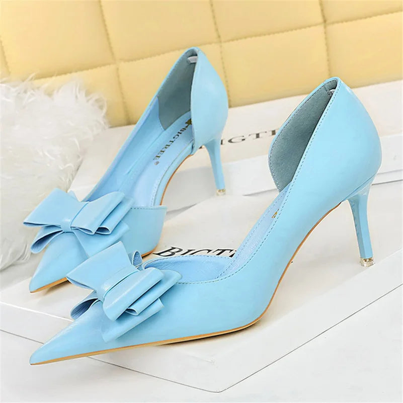 Women 7.5cm 10cm High Heels Korean Pumps Scarpins Cute Bow Middle Low Heels Lady Fetish Sweet Wedding Bridal Yellow Blue Shoes