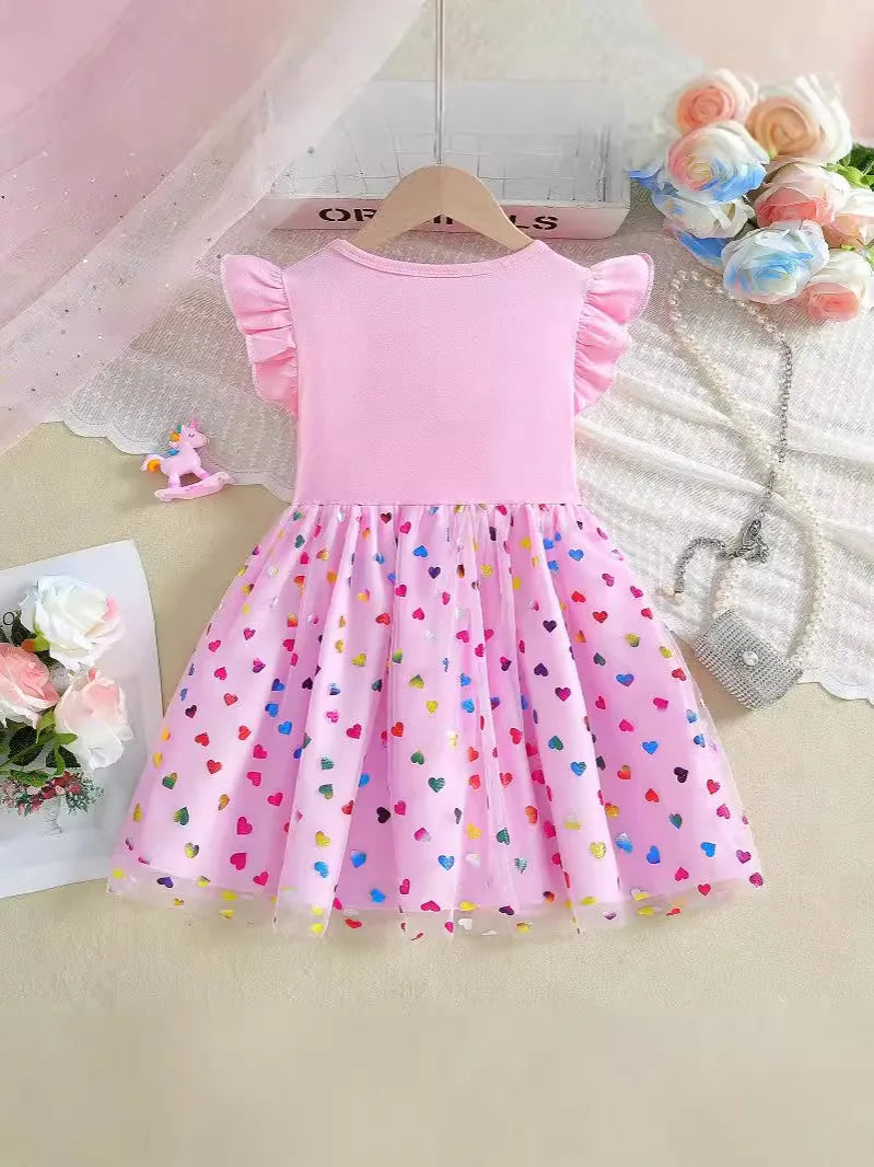 2026 Korean Style Girls Summer Unicorn Print Dress Short Sleeve Tulle Princess Gown Kids Casual Party Clothes for South Korea