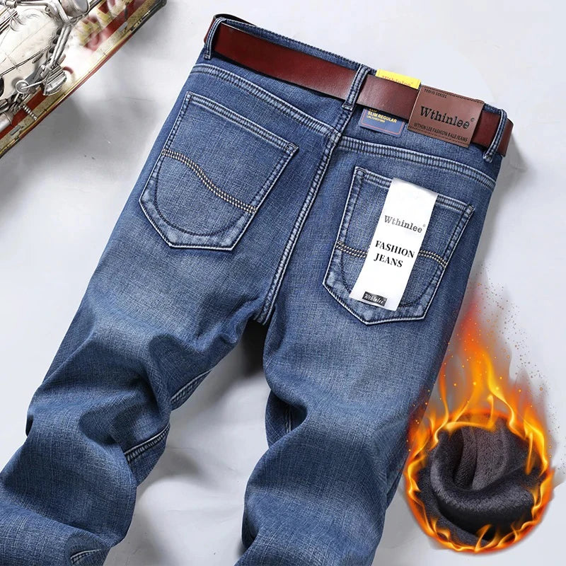 High Quality Winter Thermal Warm Flannel Jeans Men Famous Brand Fleece Denim Pants Straight Flocking Trousers Male Plus Size 40