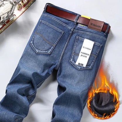 High Quality Winter Thermal Warm Flannel Jeans Men Famous Brand Fleece Denim Pants Straight Flocking Trousers Male Plus Size 40
