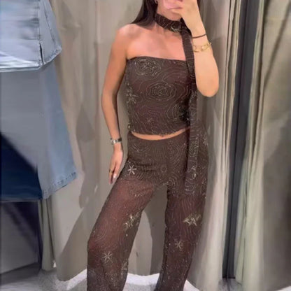 Corset Crop Tops For Woman Strapless Haler Top Women Summer Tulle Beaded Sequin Top Backless Semi Sheer Sexy Bandeau Top