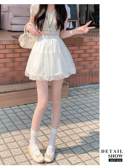 Women Summer 2026 A-Line Mini Skirt Pleated Puffy Short Skirt Korean Fashion Style Flower Bud Skirt Sweet Streetwear Y2k