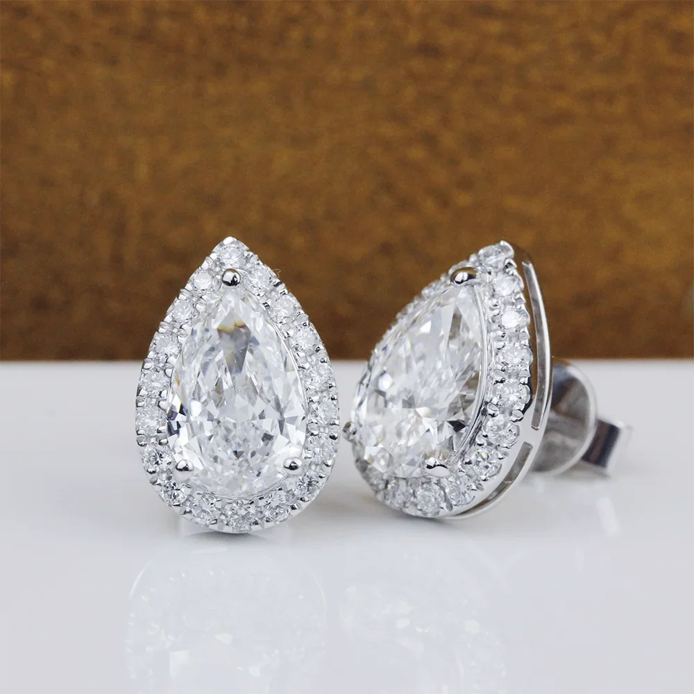 2cttw Pear Cut Moissanite Halo Diamond Earrings with Certificate 925 Sterling Silver Waterdrop Shape Stud Earrings for Women