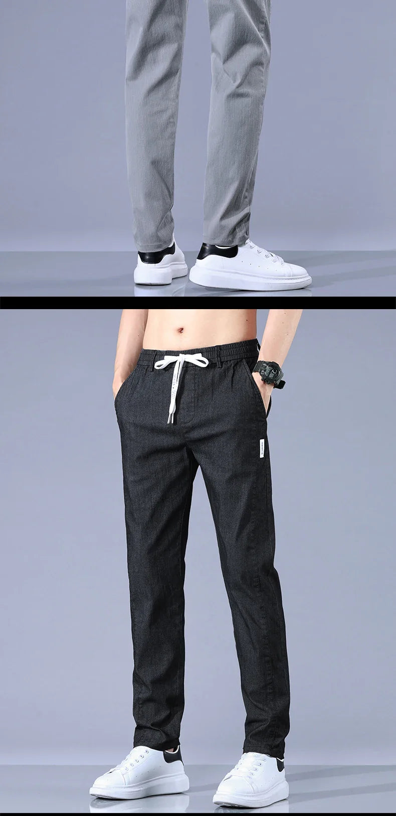 Size 28-38 Thin Casual Pants Mens Slim Simple Cotton Stretch Spring Summer Trousers Elastic Waist Drawstring Jogging Sweatpants