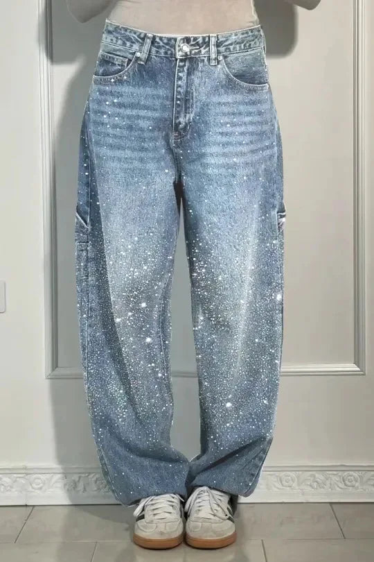 Calça Jeans Feminina Mom Pantalona Perna Larga Hot Drilling Cintura Alta Reta Y2k Streetwear Casual Punk Solta