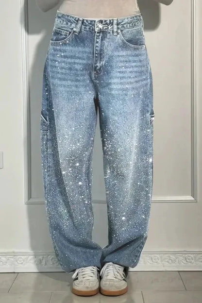 Calça Jeans Feminina Mom Pantalona Perna Larga Hot Drilling Cintura Alta Reta Y2k Streetwear Casual Punk Solta