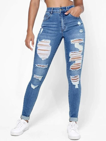 Casual Skinny Jeans Autumn, Slash Pockets Distressed Denim Pants