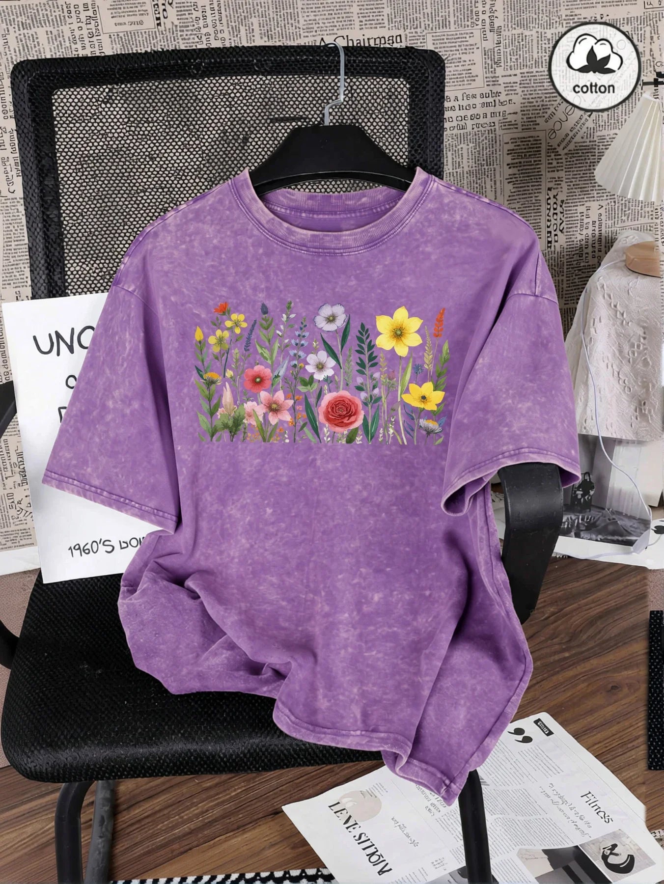 Rich Colors Simple Flowers Print Washed Female T-Shirt Summer Breathable T-Shirt Cotton Soft Short Sleeve All-Match Streetwear