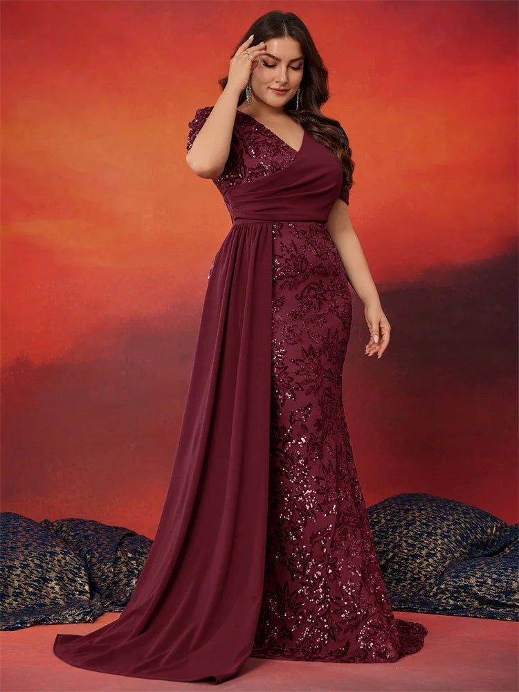 Plus Size Elegant Short Sleeve Sequins Formal Evening Dresses Women Luxury Mermaid Wedding Party Bridesmaid Gowns