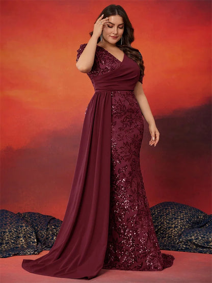 Plus Size Elegant Short Sleeve Sequins Formal Evening Dresses Women Luxury Mermaid Wedding Party Bridesmaid Gowns