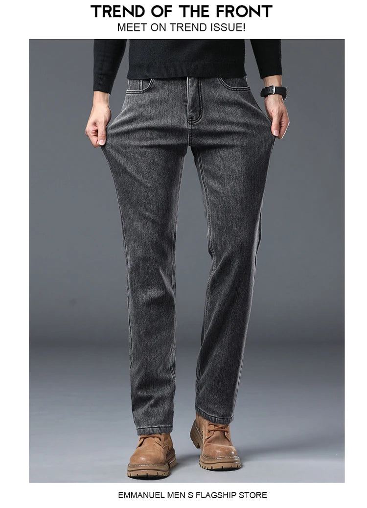 Winter Warm Jeans Men's Slim Straight Elastic Denim Pants Casual Male Clothing Fashion Plush Trousers New Hot Sale Fashion Jeans
