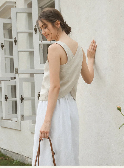 100% Linen Top Women Casual Solid Back Cross Patchwork Tank Top Summer Tops Haut Femme Women'S Clothing Offer Free Shipping
