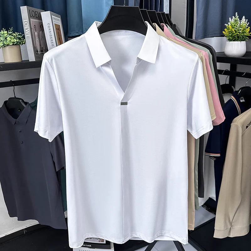 High quality ice silk short sleeve T-shirt men's lapel top trendy brand design cool silky breathable summer casual polo shirt