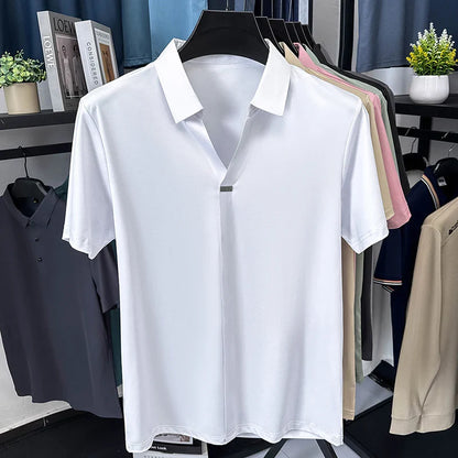 High quality ice silk short sleeve T-shirt men's lapel top trendy brand design cool silky breathable summer casual polo shirt
