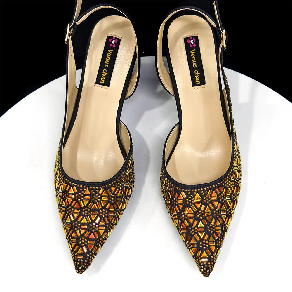 Elegant Black and Gold Pointed-Toe Italian Women's High-Heeled Shoe and Bag Set with Full Diamond Accents