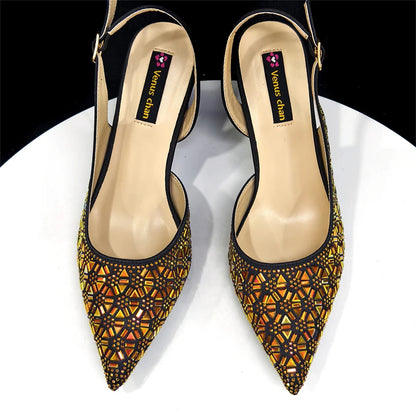 Elegant Black and Gold Pointed-Toe Italian Women's High-Heeled Shoe and Bag Set with Full Diamond Accents
