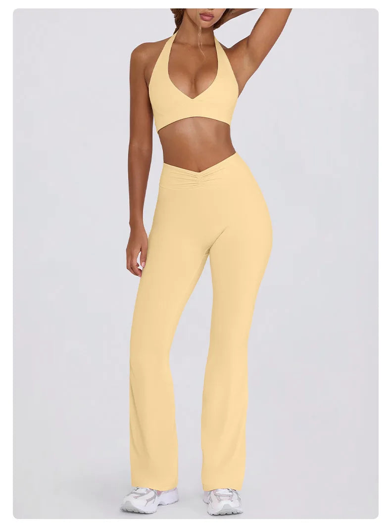 Women's Yoga Suits Camisole Backless Nude Beautiful Back Neck Hanging Bra Flared Pants Fitness Set