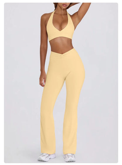 Women's Yoga Suits Camisole Backless Nude Beautiful Back Neck Hanging Bra Flared Pants Fitness Set