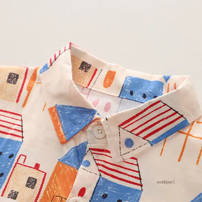 2PC Summer Boys' Short-sleeve Shirt Tops Print Fashionable Outfit for Outdoor Wear New Summer Trendy Set for Kids