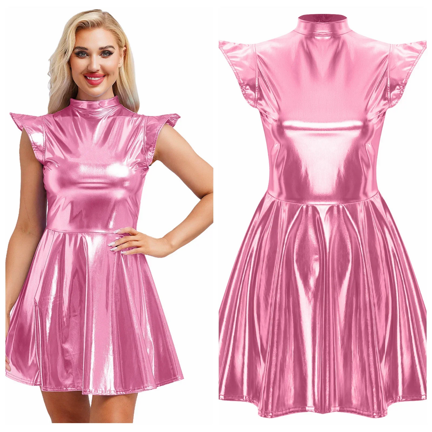 Womens Cocktail Dress Shiny Metallic Dress Alien Space Cap Sleeve High Waist A-line Dress for Halloween Party High Street Dress