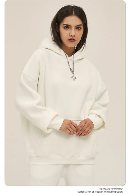 Thick 350gsm Fleece Hooded Hoodies For Men Unisex Winter Oversized Loose Basic Solid Sweatshirts Pullovers Coats HY0631