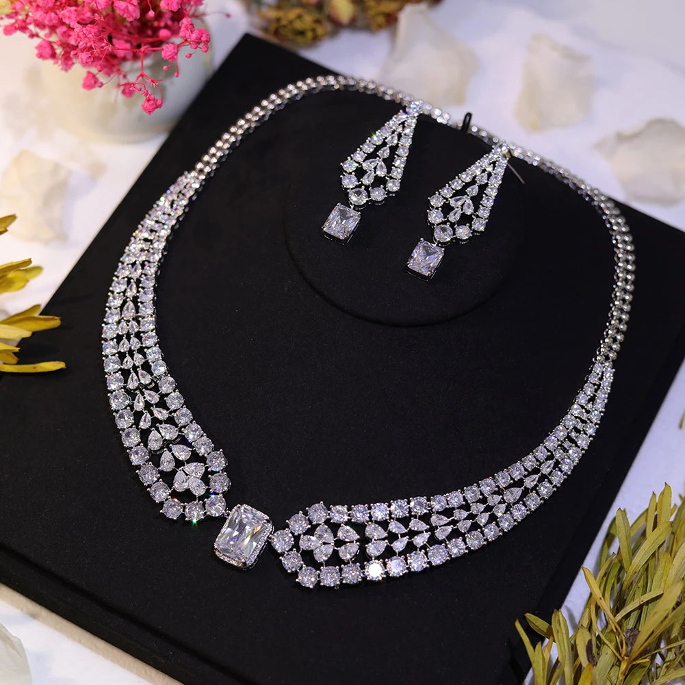Chic Brilhante Grande Quadrado Luz Branca CZ Cristal Feminino Festa Casamento Colar e Brincos Conjuntos de Joias da Moda para Noivas Z019