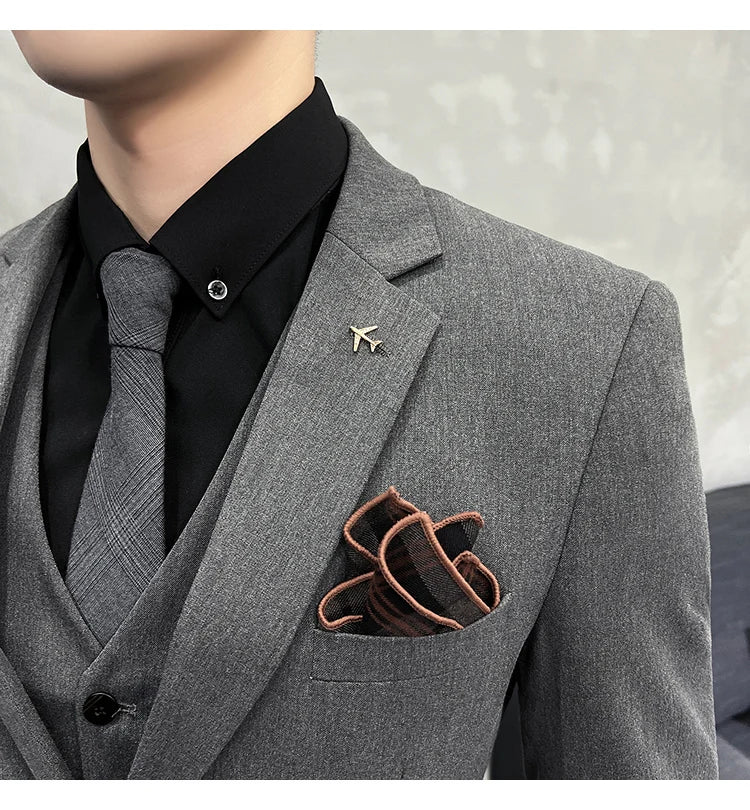 ( Blazer + Vest + Pants ) Boutique Fashion Solid Color Men's Slim Casual Business Suit Three-piece Set Groom Wedding Dress Party