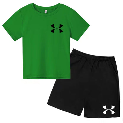 Fashion Two-Piece Casual t-shirt Set Kids  Summer Sports Short-Sleeved Boy Girl 3-13Yrs  T-shirt +Shorts