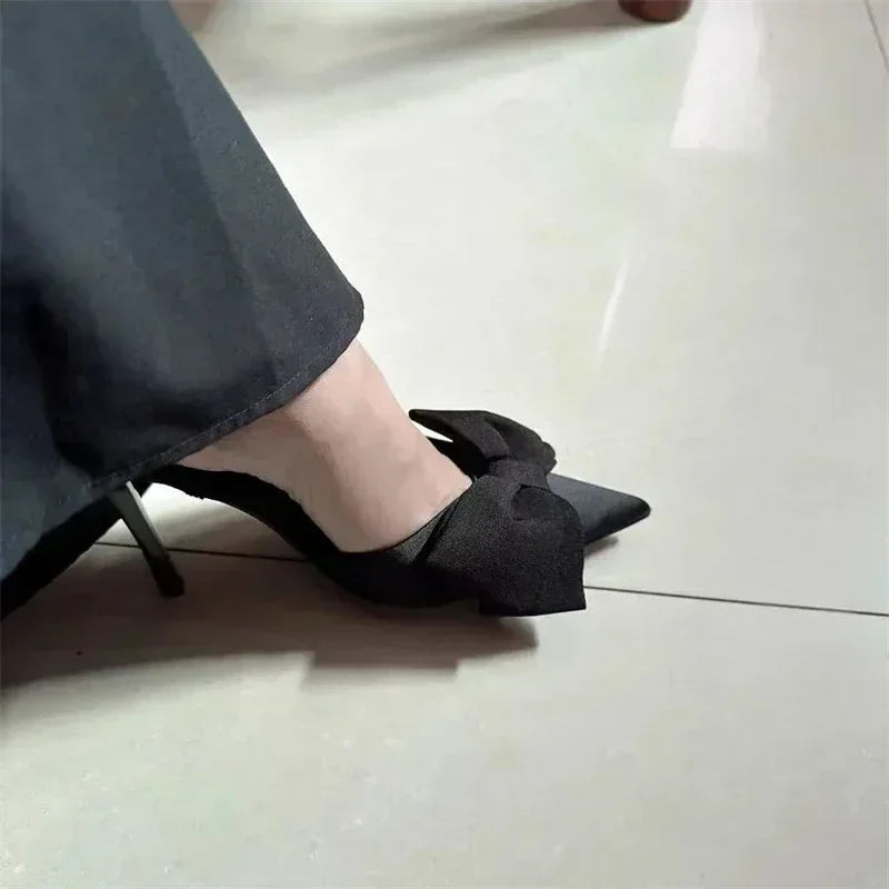 Luxury Silver High Heeled Sandals Women Sexy Pointed Toe Back Strap Thin Heels for Women Elegant Bow Design Banquet Dress Shoes
