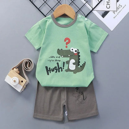 Kids Boys Short Sleeves Tees+Shorts 2-piece Clothes Set Cartoon Dinosaur Bear Summer Girls Soft Cotton Sports Casual Suit 1-6 Y
