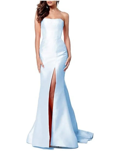 Women's Sleeveless Mermaid High Slit Backless Long Prom Gowns Strapless Floor Length Satin Evening Maxi Dresses