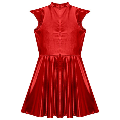 Womens Cocktail Dress Shiny Metallic Dress Alien Space Cap Sleeve High Waist A-line Dress for Halloween Party High Street Dress