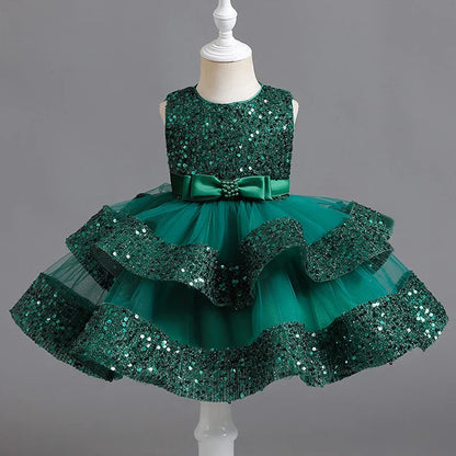 Summer New Beaded Bow Tie Sequin Mesh Children's Sleeveless Evening Dress School Graduation Party Multi Layered Dress