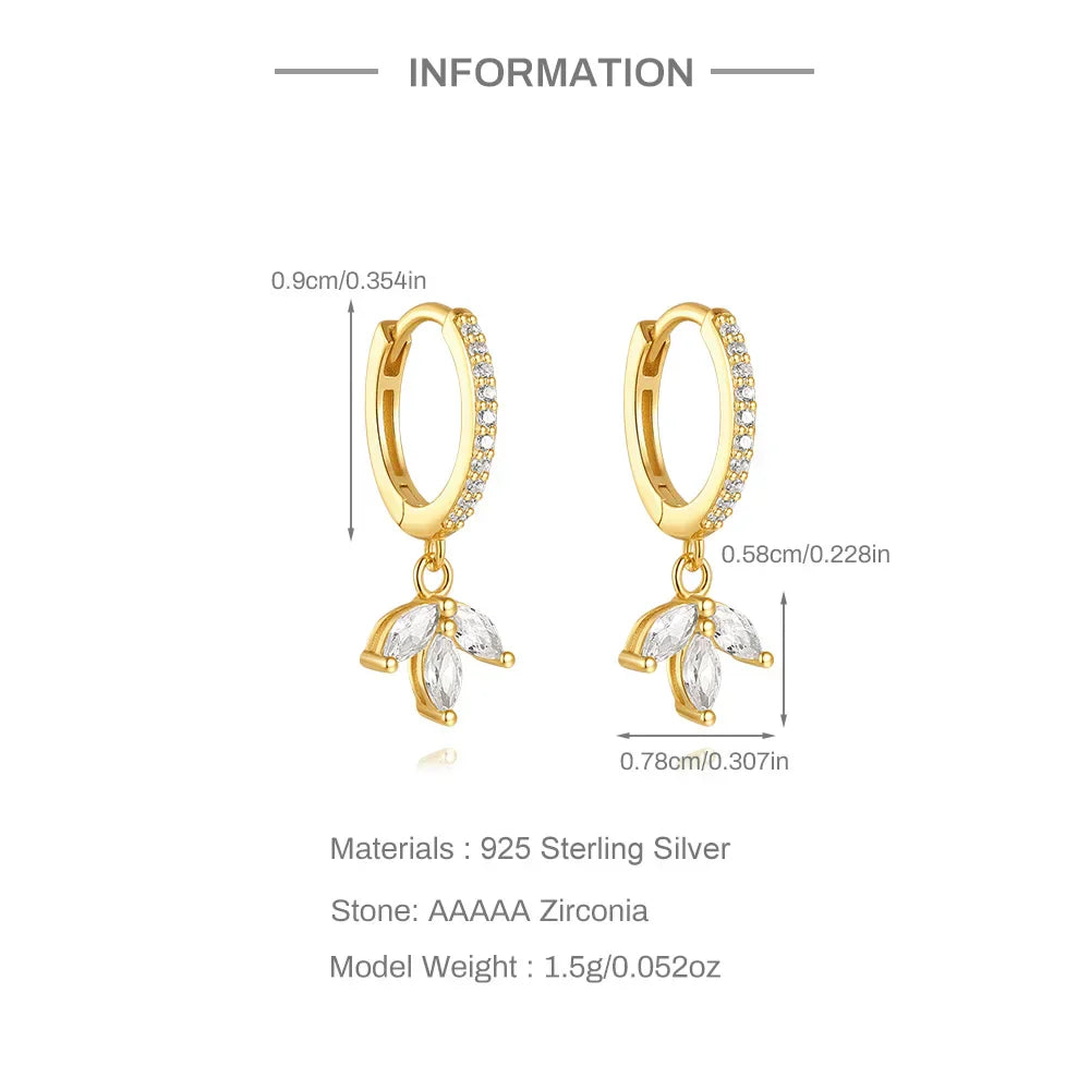 925 Sterling Silver luxury leaf Design zircon Charms hoop earrings for women Shiny Zircon Wedding Party jewelry gift plata