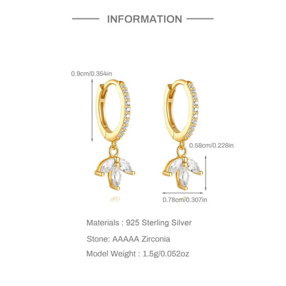 925 Sterling Silver luxury leaf Design zircon Charms hoop earrings for women Shiny Zircon Wedding Party jewelry gift plata