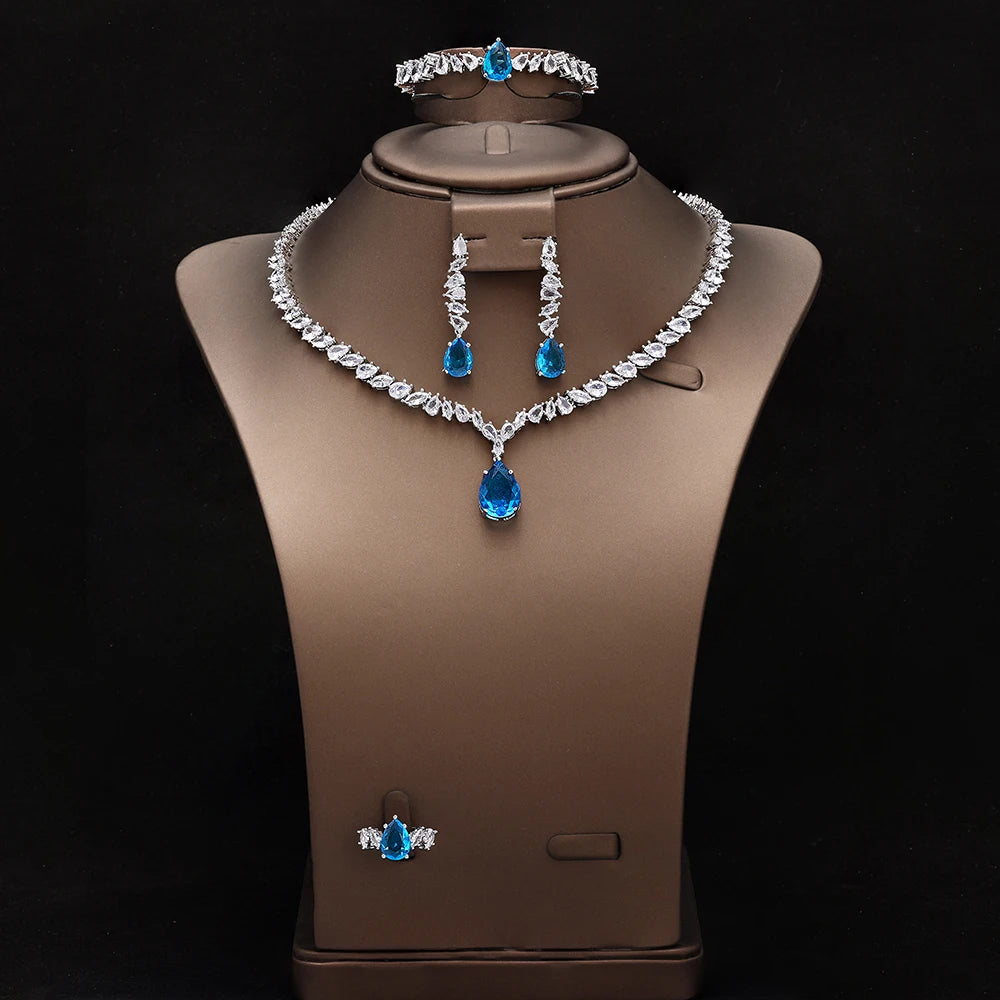Luxury Cubic Zirconia Jewelry Sets for Women Wedding Bridal 4PCS Drop Necklace Earrings Set Party Gift