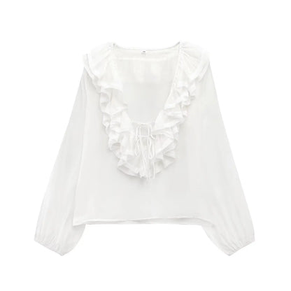 Women Fashion Long Sleeve V Neck Tierred Ruffles Loose Blouse Female Solid Color Casual Shirts Blusas Chic Tops LS6317