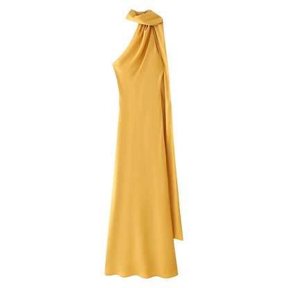 Elegant Women's Soft Silk Satin Long Dress Halter Backless Sleeveless Maxi Dresses Summer Lady Long Ribbon Party Gowns